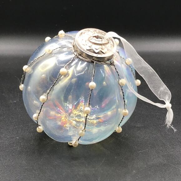Hand Blown Glass Heavy Round Iridescent Beaded Christmas Garden Ornament 4.5" - Picture 1 of 7